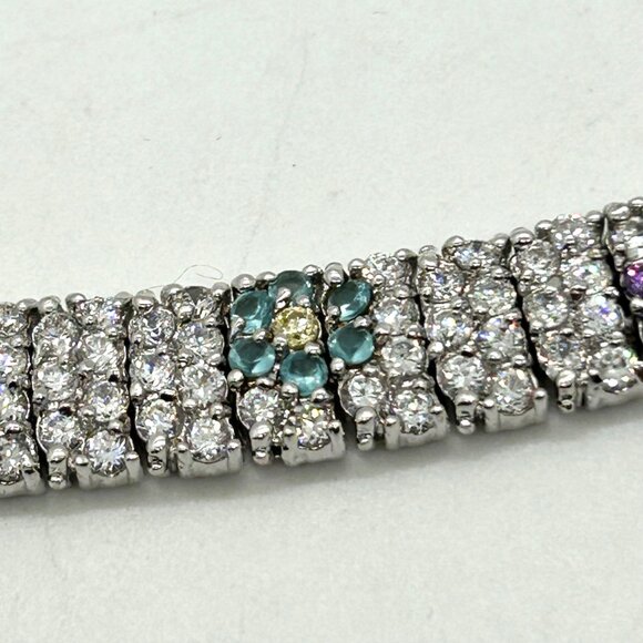 Vintage Rhinestone Tennis Bracelet Multicolor Flower Design W/ Safety Clasp 7.5" - Picture 5 of 16